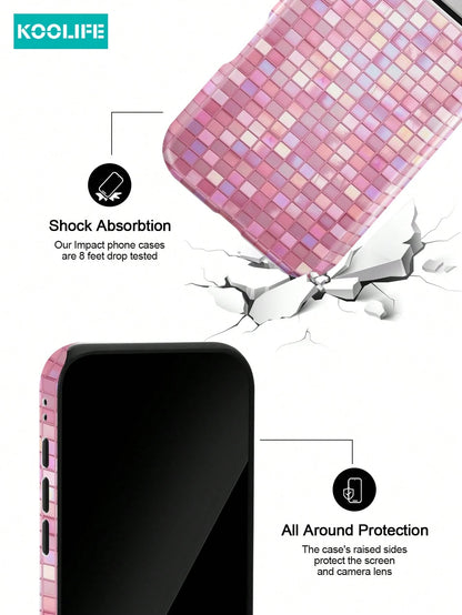 Koolife 1pc Pink Colorful Mosaic Grid Phone Case, 2-In-1 Phone Case, PC+TPU Material, Glossy Hard Shell, Glitter Tile Pattern Anti-Scratch Anti-Drop Protective Cover, For Phone18pro/18pro Max/17/17pro