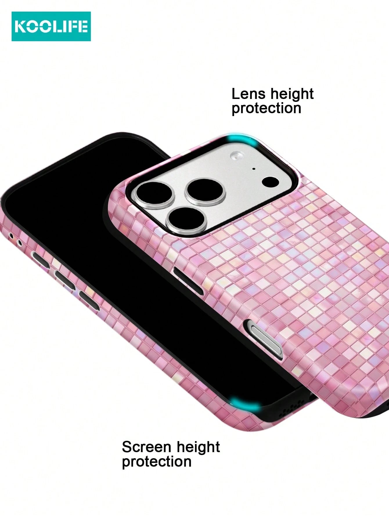 Koolife 1pc Pink Colorful Mosaic Grid Phone Case, 2-In-1 Phone Case, PC+TPU Material, Glossy Hard Shell, Glitter Tile Pattern Anti-Scratch Anti-Drop Protective Cover, For Phone18pro/18pro Max/17/17pro