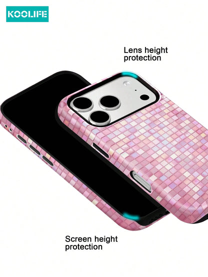 Koolife 1pc Pink Colorful Mosaic Grid Phone Case, 2-In-1 Phone Case, PC+TPU Material, Glossy Hard Shell, Glitter Tile Pattern Anti-Scratch Anti-Drop Protective Cover, For Phone18pro/18pro Max/17/17pro