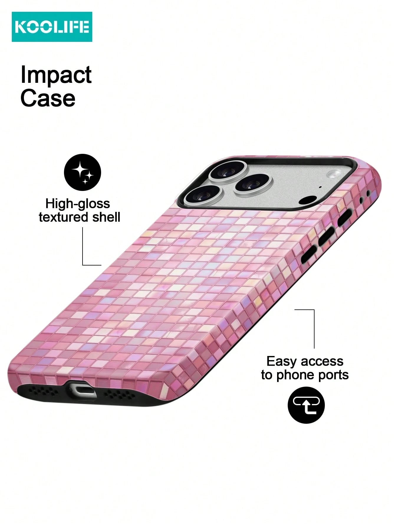 Koolife 1pc Pink Colorful Mosaic Grid Phone Case, 2-In-1 Phone Case, PC+TPU Material, Glossy Hard Shell, Glitter Tile Pattern Anti-Scratch Anti-Drop Protective Cover, For Phone18pro/18pro Max/17/17pro