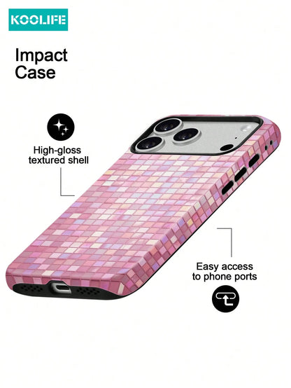 Koolife 1pc Pink Colorful Mosaic Grid Phone Case, 2-In-1 Phone Case, PC+TPU Material, Glossy Hard Shell, Glitter Tile Pattern Anti-Scratch Anti-Drop Protective Cover, For Phone18pro/18pro Max/17/17pro