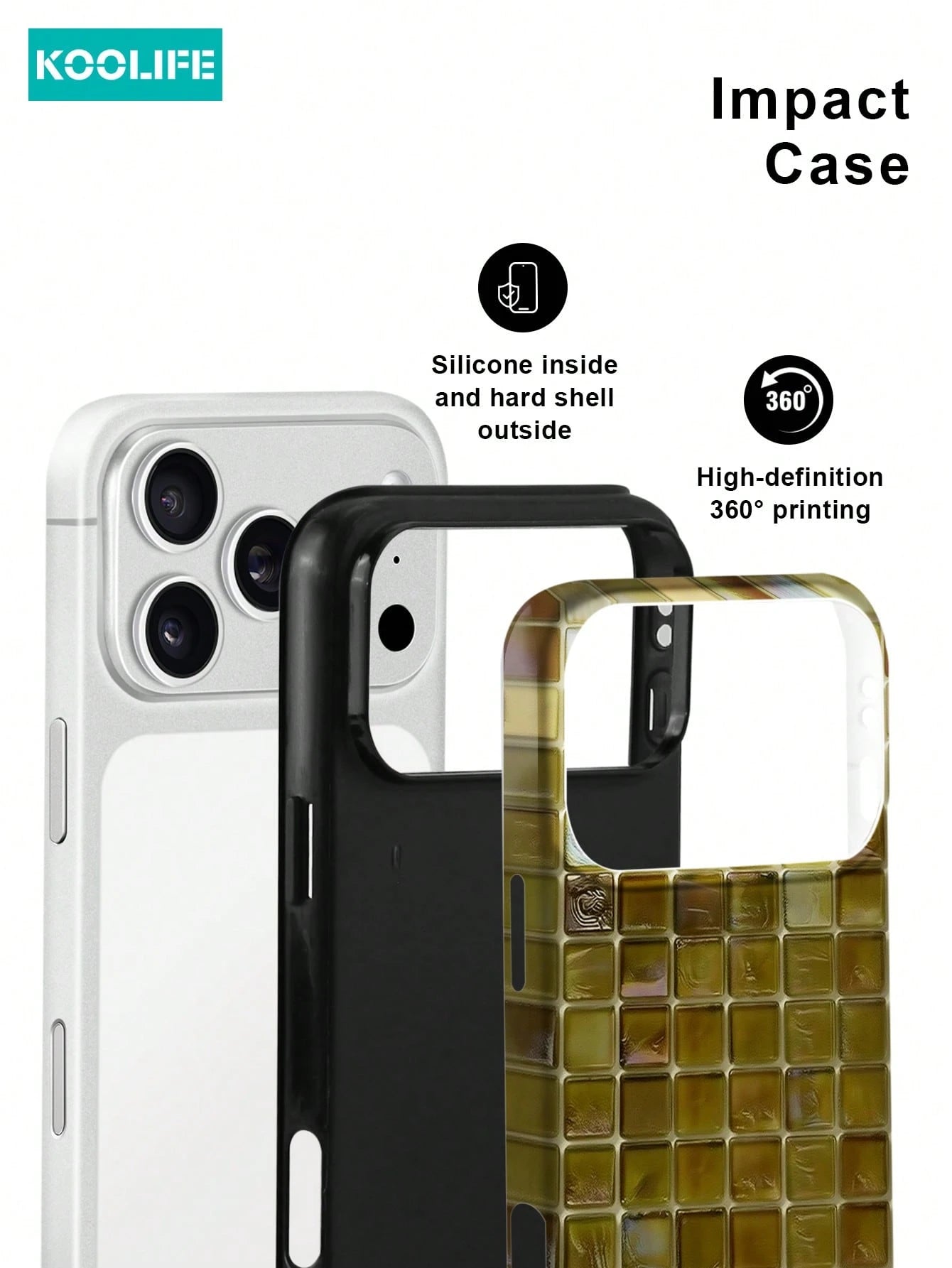 Koolife 1pc Pink Colorful Mosaic Grid Phone Case, 2-In-1 Phone Case, PC+TPU Material, Glossy Hard Shell, Glitter Tile Pattern Anti-Scratch Anti-Drop Protective Cover, For Phone18pro/18pro Max/17/17pro