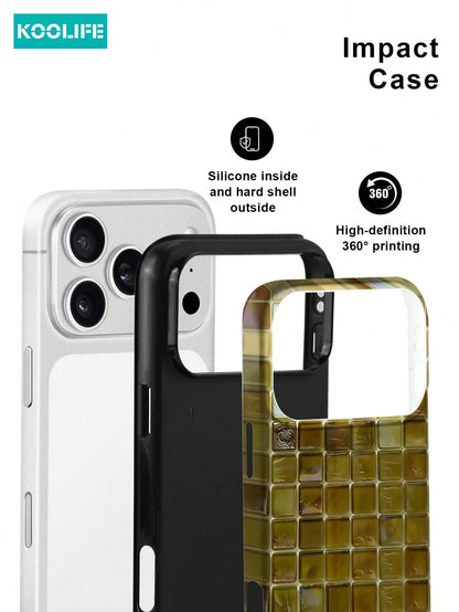 Koolife 1pc Pink Colorful Mosaic Grid Phone Case, 2-In-1 Phone Case, PC+TPU Material, Glossy Hard Shell, Glitter Tile Pattern Anti-Scratch Anti-Drop Protective Cover, For Phone18pro/18pro Max/17/17pro