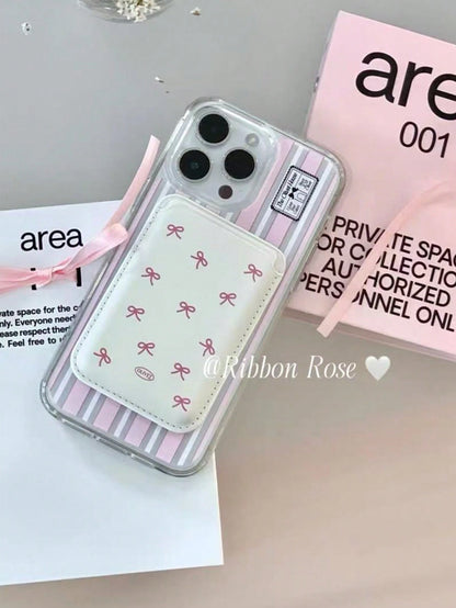 Korean Indie Girly Bowknot Leather Magnetic Wireless Charging Magsafe Card Holder Phone Case Compatible With IPhone 16 Pro Max/15 Pro, Apple 14/13/12/11