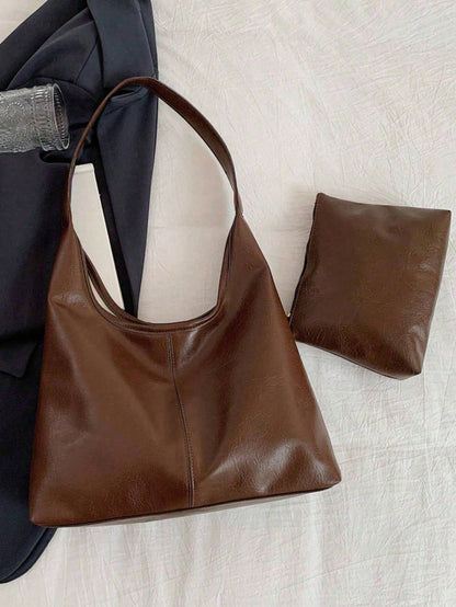 Korean Minimalist Casual PU Leather Tote Bag Set, Vintage Multi-Function Shoulder Tote Bag With Coin Purse, Suitable For Mothers, Large Capacity Commute & Shopping Bag, School Supplies Bag, Backpack