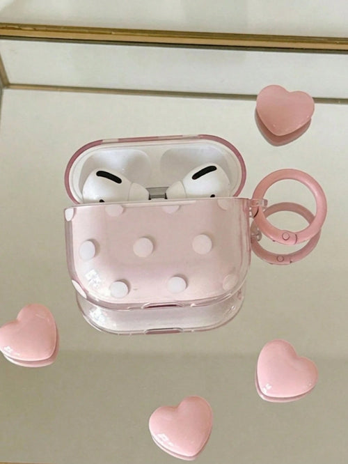 Korean Style Minimalist Semi-Transparent Pink Polka Dot + Ring Earphone Case Compatible With AirPods Pro 3, Pro 2, 4, 3, 1/2, Cute Protective Cover For Girls