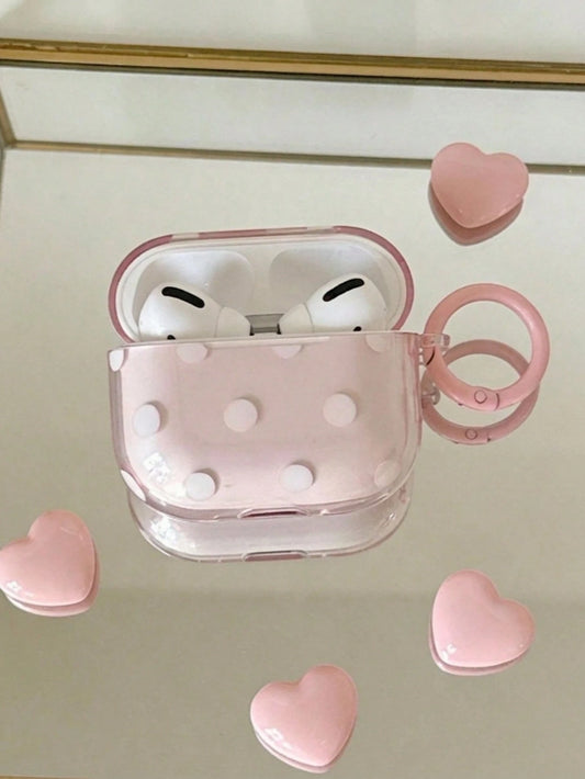 Korean Style Minimalist Semi-Transparent Pink Polka Dot + Ring Earphone Case Compatible With AirPods Pro 3, Pro 2, 4, 3, 1/2, Cute Protective Cover For Girls