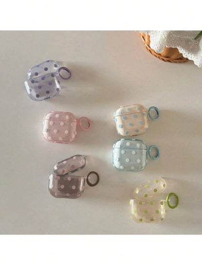 Korean Style Minimalist Semi-Transparent Pink Polka Dot + Ring Earphone Case Compatible With AirPods Pro 3, Pro 2, 4, 3, 1/2, Cute Protective Cover For Girls