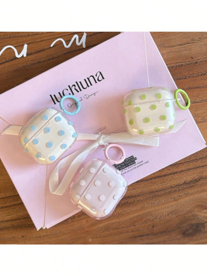 Korean Style Minimalist Semi-Transparent Pink Polka Dot + Ring Earphone Case Compatible With AirPods Pro 3, Pro 2, 4, 3, 1/2, Cute Protective Cover For Girls