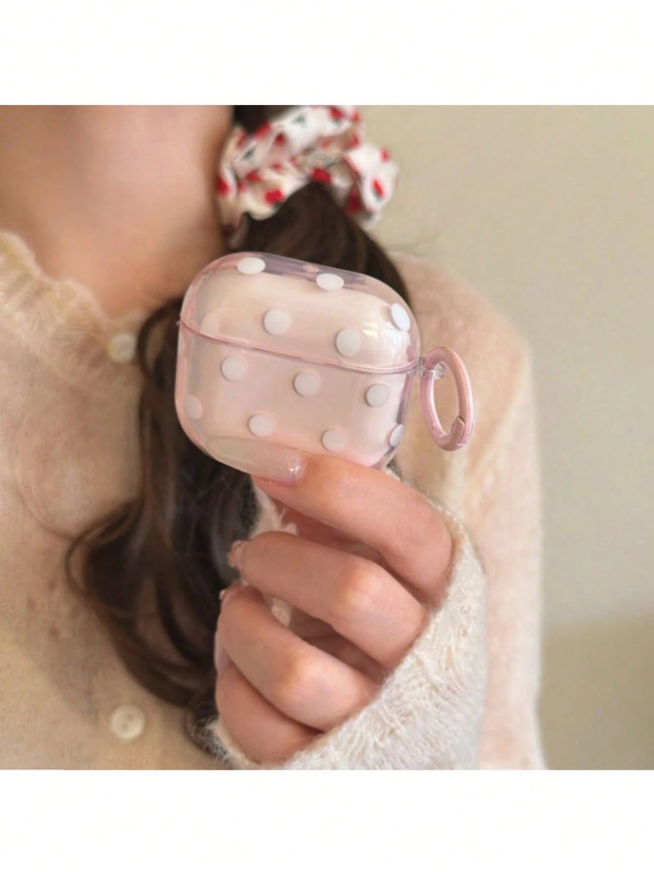 Korean Style Minimalist Semi-Transparent Pink Polka Dot + Ring Earphone Case Compatible With AirPods Pro 3, Pro 2, 4, 3, 1/2, Cute Protective Cover For Girls