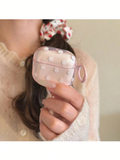 Korean Style Minimalist Semi-Transparent Pink Polka Dot + Ring Earphone Case Compatible With AirPods Pro 3, Pro 2, 4, 3, 1/2, Cute Protective Cover For Girls