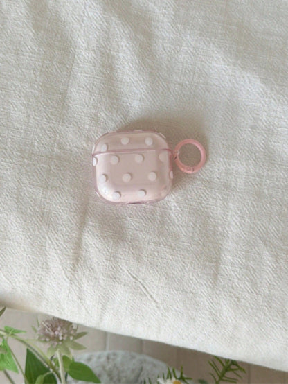 Korean Style Minimalist Semi-Transparent Pink Polka Dot + Ring Earphone Case Compatible With AirPods Pro 3, Pro 2, 4, 3, 1/2, Cute Protective Cover For Girls
