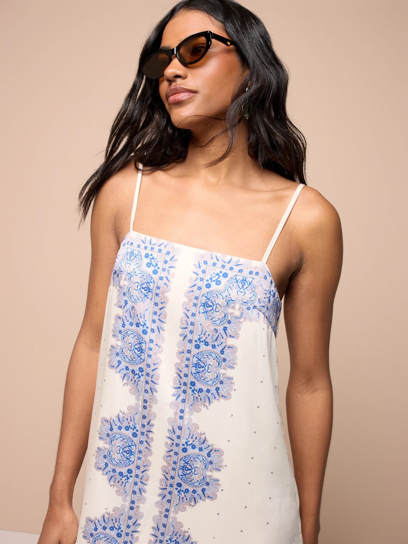 KSTM Paisley Border Print Mini Slip Dress With Square Neck And Adjustable Spaghetti Straps Summer Beach