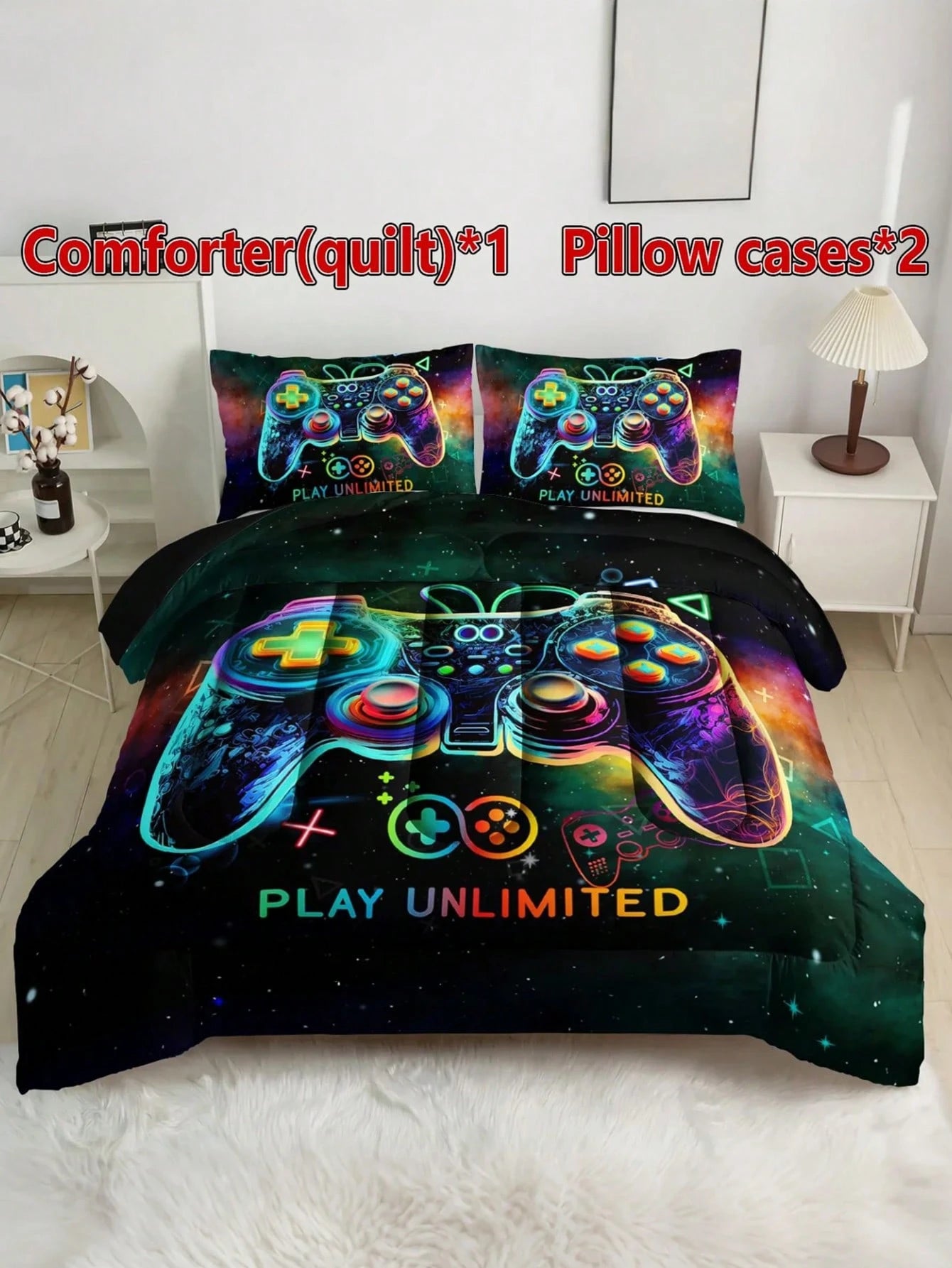KTAbedding 3PCS Casual Breathable Super Soft Sports Game Controller Thick Quilt Set (1 Comforter + 2 Pillowcases, Pillow Not Included), Soft And Breathable Quilted Digital Print, Suitable For Home, Be