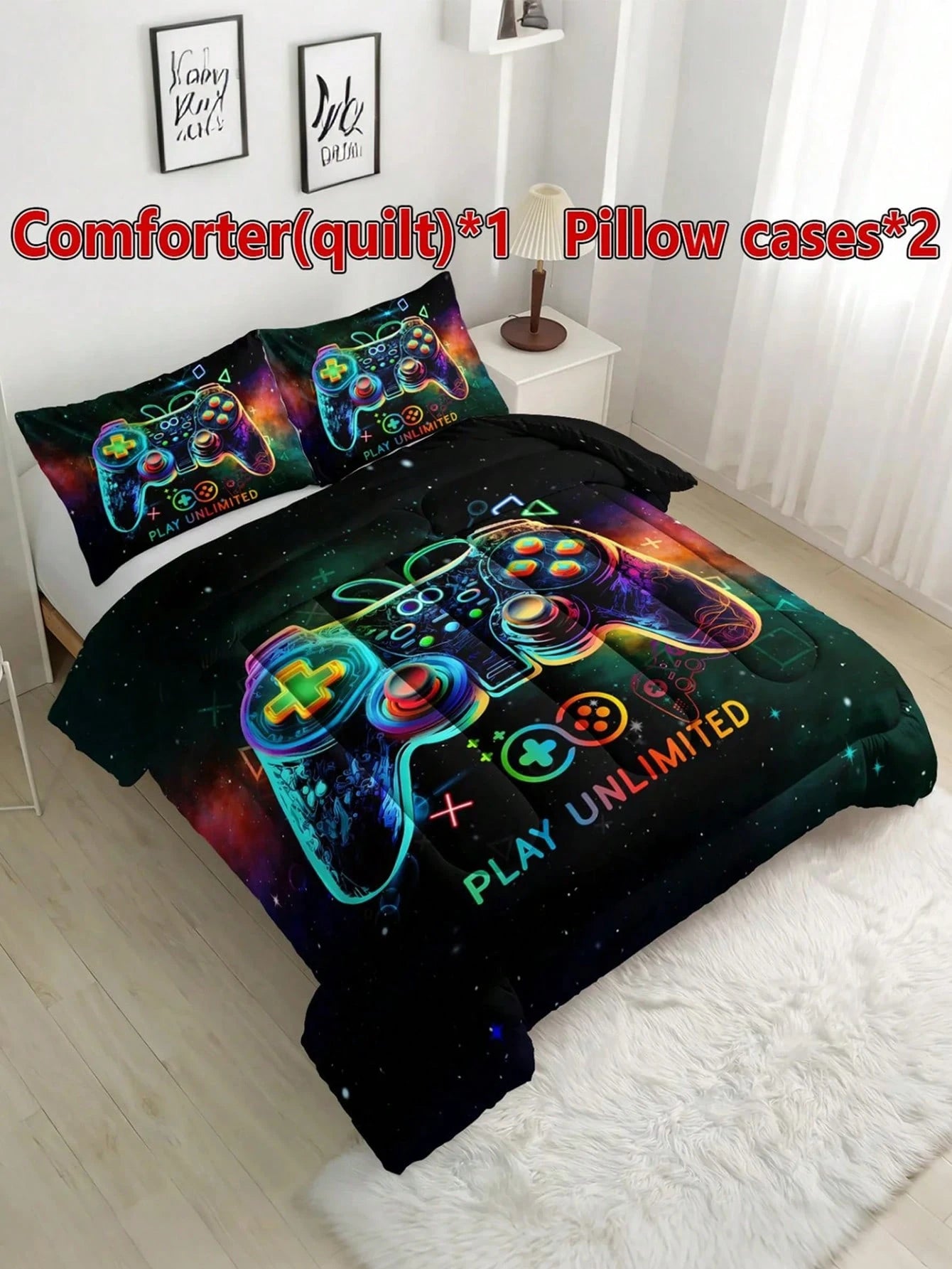 KTAbedding 3PCS Casual Breathable Super Soft Sports Game Controller Thick Quilt Set (1 Comforter + 2 Pillowcases, Pillow Not Included), Soft And Breathable Quilted Digital Print, Suitable For Home, Be