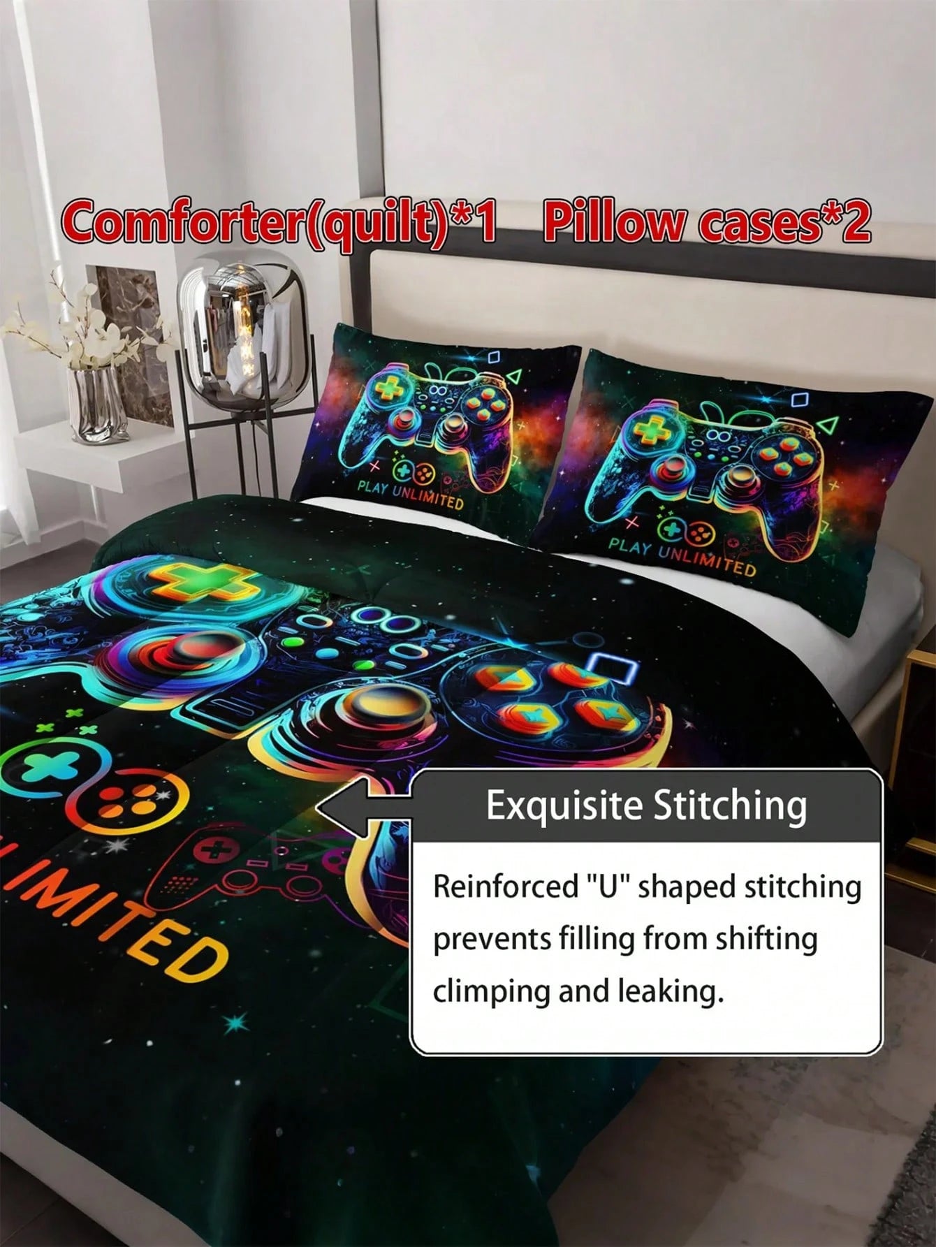 KTAbedding 3PCS Casual Breathable Super Soft Sports Game Controller Thick Quilt Set (1 Comforter + 2 Pillowcases, Pillow Not Included), Soft And Breathable Quilted Digital Print, Suitable For Home, Be