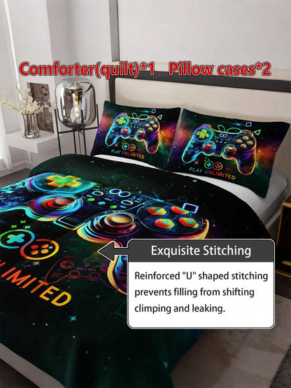 KTAbedding 3PCS Casual Breathable Super Soft Sports Game Controller Thick Quilt Set (1 Comforter + 2 Pillowcases, Pillow Not Included), Soft And Breathable Quilted Digital Print, Suitable For Home, Be