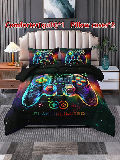 KTAbedding 3PCS Casual Breathable Super Soft Sports Game Controller Thick Quilt Set (1 Comforter + 2 Pillowcases, Pillow Not Included), Soft And Breathable Quilted Digital Print, Suitable For Home, Be