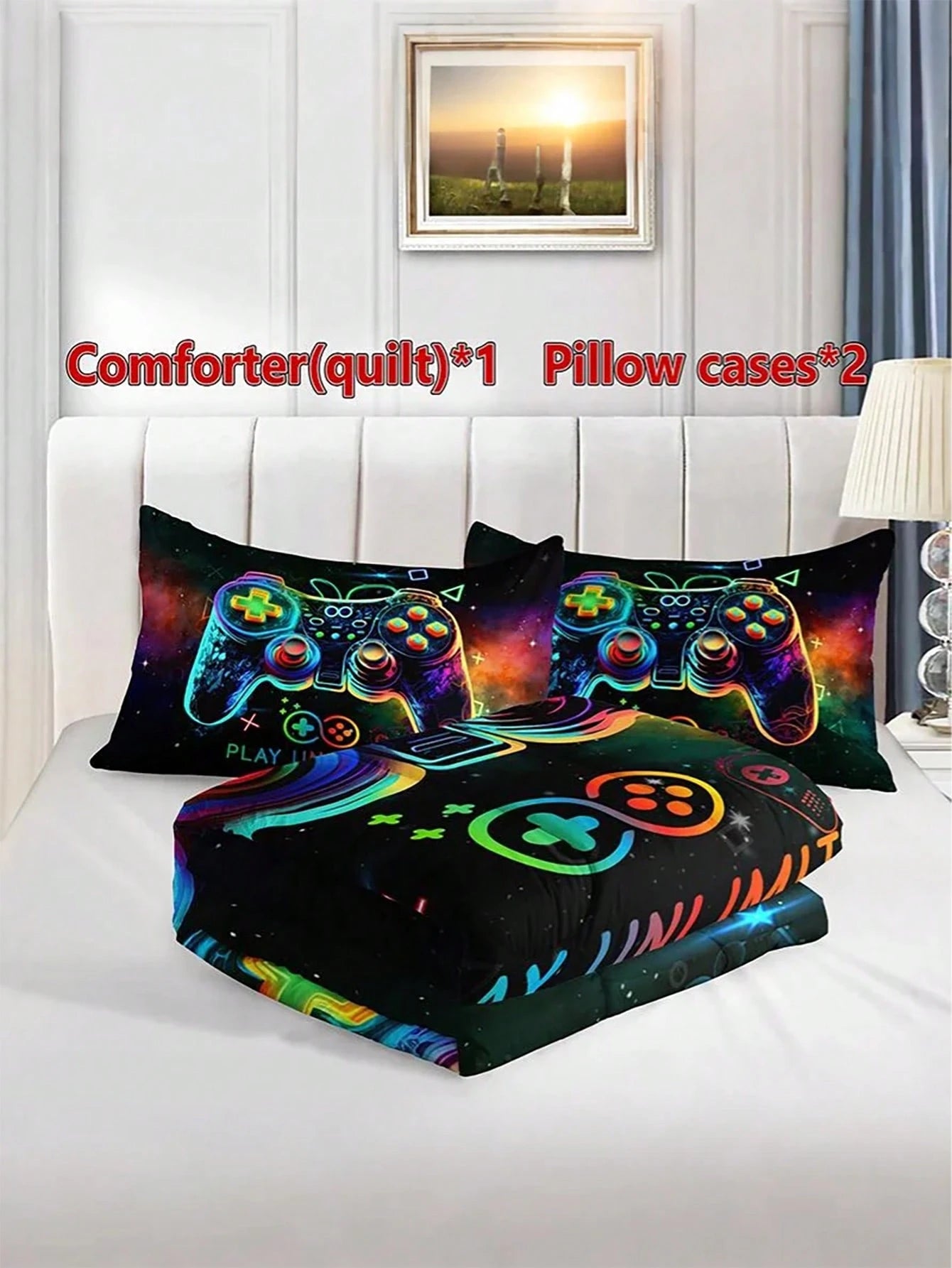 KTAbedding 3PCS Casual Breathable Super Soft Sports Game Controller Thick Quilt Set (1 Comforter + 2 Pillowcases, Pillow Not Included), Soft And Breathable Quilted Digital Print, Suitable For Home, Be