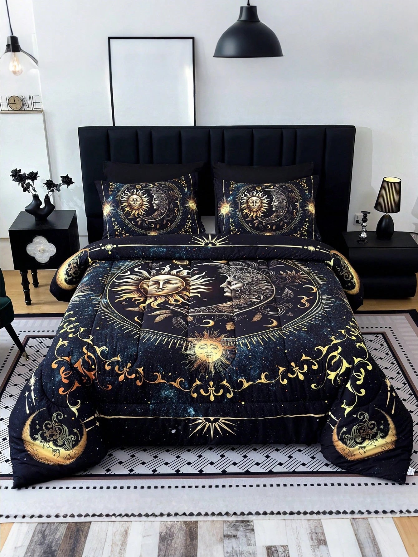 KTAbedding 3PCS Golden Sun And Moon Planet Intensification Quilt Set(1 Comforter+2 Pillowcases Without Pillow Core), Contains Padding 180gsm Quilting Soft Ventilate Digital Printing Bedroom Dormitory