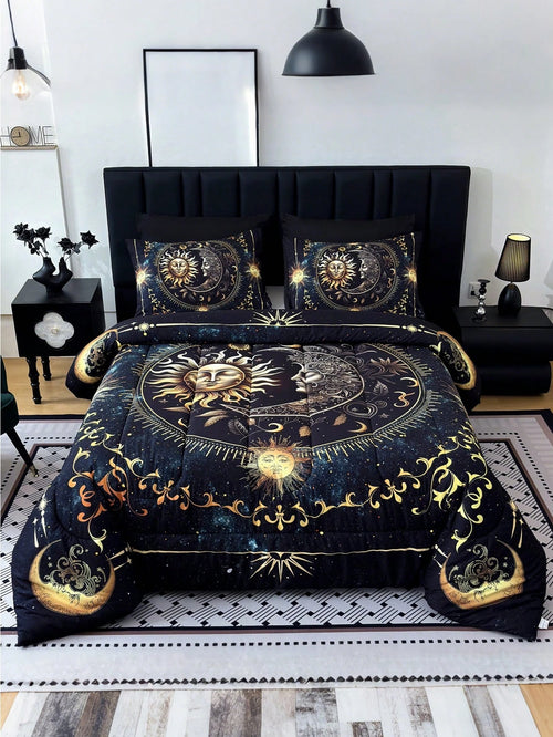 KTAbedding 3PCS Golden Sun And Moon Planet Intensification Quilt Set(1 Comforter+2 Pillowcases Without Pillow Core), Contains Padding 180gsm Quilting Soft Ventilate Digital Printing Bedroom Dormitory