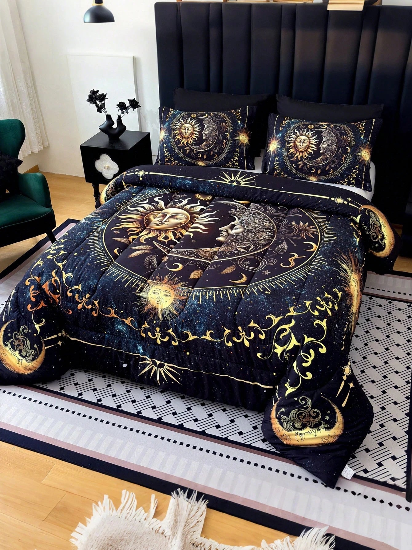 KTAbedding 3PCS Golden Sun And Moon Planet Intensification Quilt Set(1 Comforter+2 Pillowcases Without Pillow Core), Contains Padding 180gsm Quilting Soft Ventilate Digital Printing Bedroom Dormitory