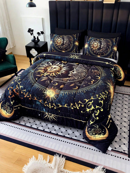 KTAbedding 3PCS Golden Sun And Moon Planet Intensification Quilt Set(1 Comforter+2 Pillowcases Without Pillow Core), Contains Padding 180gsm Quilting Soft Ventilate Digital Printing Bedroom Dormitory