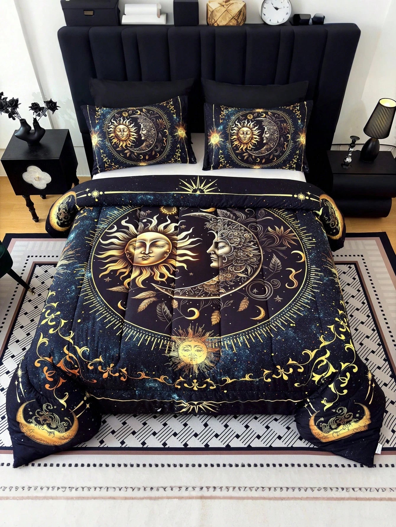 KTAbedding 3PCS Golden Sun And Moon Planet Intensification Quilt Set(1 Comforter+2 Pillowcases Without Pillow Core), Contains Padding 180gsm Quilting Soft Ventilate Digital Printing Bedroom Dormitory