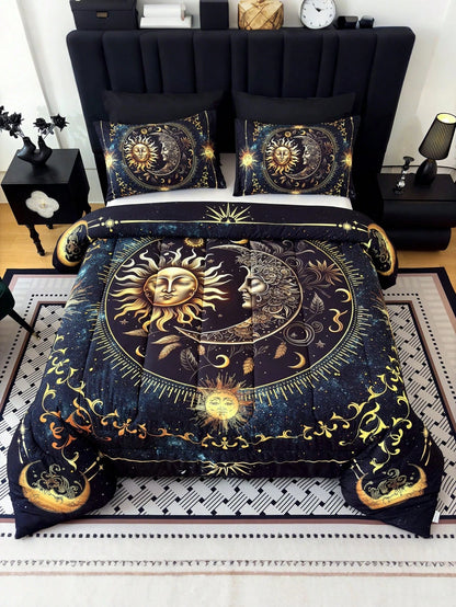KTAbedding 3PCS Golden Sun And Moon Planet Intensification Quilt Set(1 Comforter+2 Pillowcases Without Pillow Core), Contains Padding 180gsm Quilting Soft Ventilate Digital Printing Bedroom Dormitory