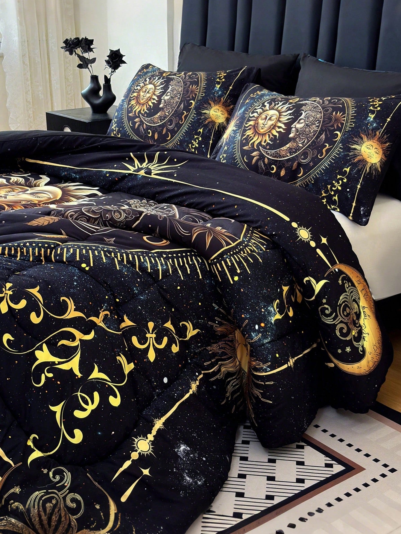 KTAbedding 3PCS Golden Sun And Moon Planet Intensification Quilt Set(1 Comforter+2 Pillowcases Without Pillow Core), Contains Padding 180gsm Quilting Soft Ventilate Digital Printing Bedroom Dormitory