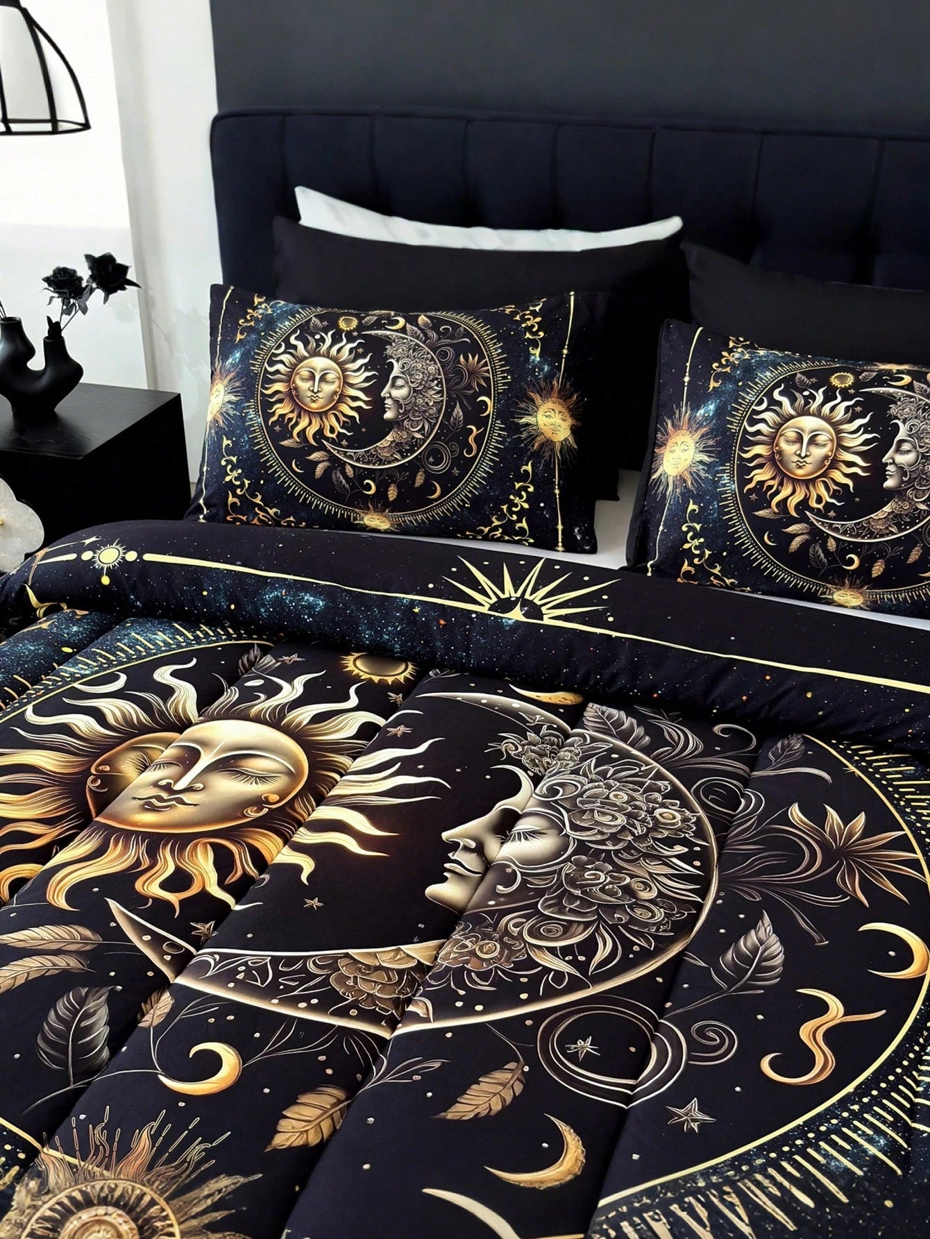 KTAbedding 3PCS Golden Sun And Moon Planet Intensification Quilt Set(1 Comforter+2 Pillowcases Without Pillow Core), Contains Padding 180gsm Quilting Soft Ventilate Digital Printing Bedroom Dormitory