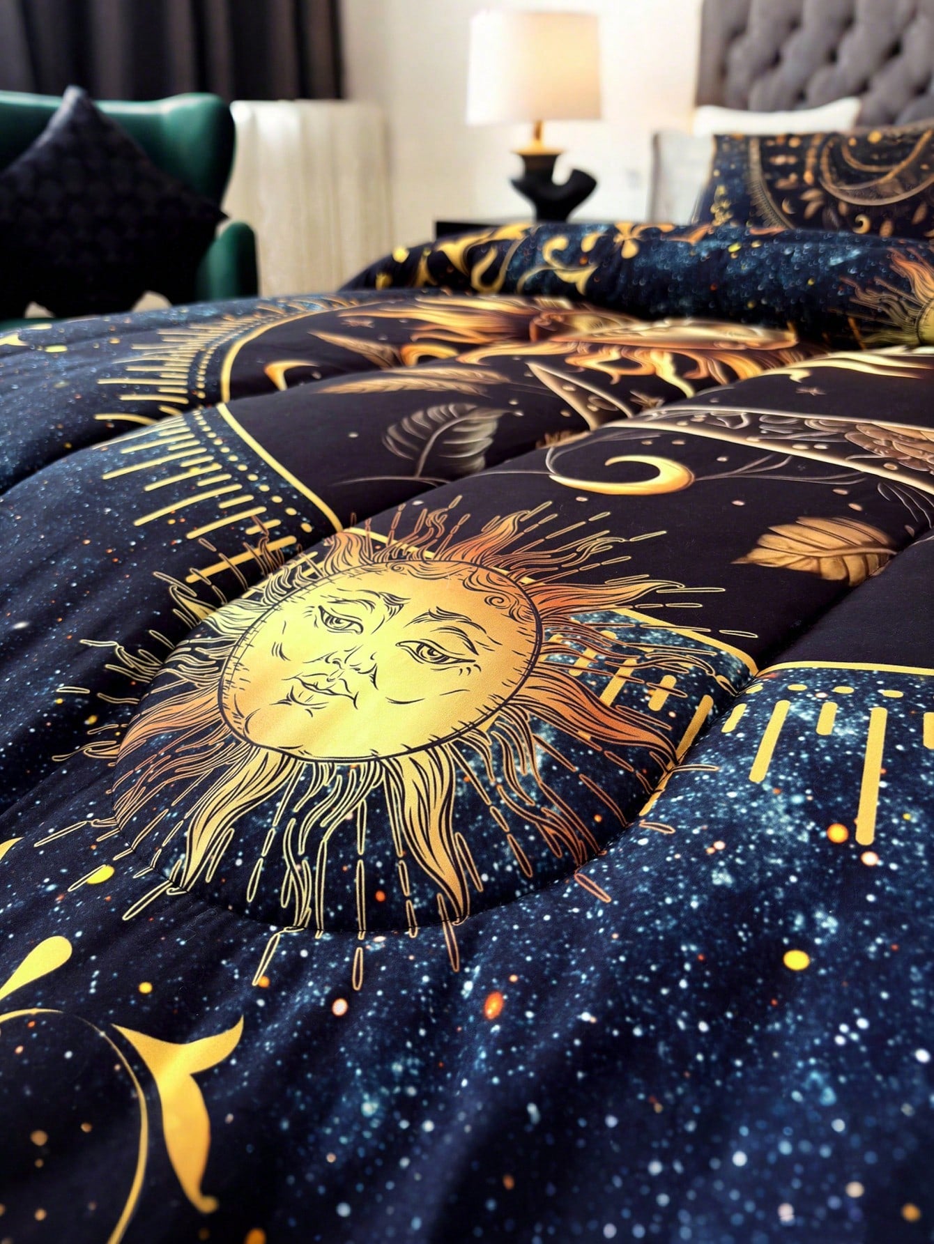 KTAbedding 3PCS Golden Sun And Moon Planet Intensification Quilt Set(1 Comforter+2 Pillowcases Without Pillow Core), Contains Padding 180gsm Quilting Soft Ventilate Digital Printing Bedroom Dormitory