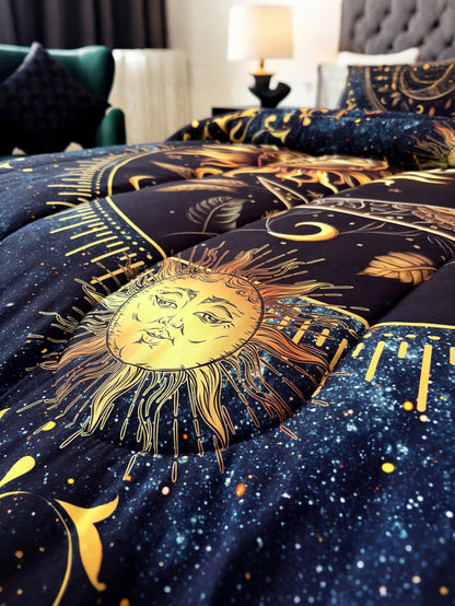 KTAbedding 3PCS Golden Sun And Moon Planet Intensification Quilt Set(1 Comforter+2 Pillowcases Without Pillow Core), Contains Padding 180gsm Quilting Soft Ventilate Digital Printing Bedroom Dormitory