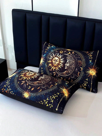 KTAbedding 3PCS Golden Sun And Moon Planet Intensification Quilt Set(1 Comforter+2 Pillowcases Without Pillow Core), Contains Padding 180gsm Quilting Soft Ventilate Digital Printing Bedroom Dormitory