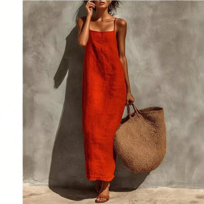 KZKZWK Women's Linen Blend Slip Maxi Dress, Square Neck Sleeveless Casual Dress For Beach & Vacation