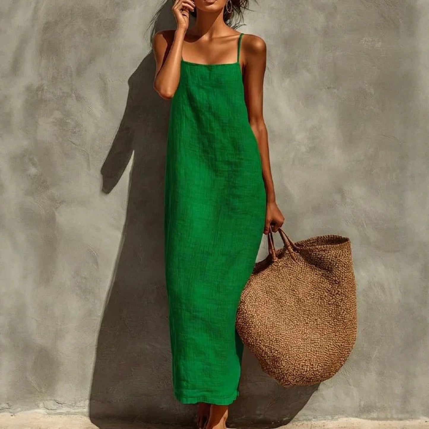 KZKZWK Women's Linen Blend Slip Maxi Dress, Square Neck Sleeveless Casual Dress For Beach & Vacation