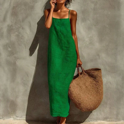 KZKZWK Women's Linen Blend Slip Maxi Dress, Square Neck Sleeveless Casual Dress For Beach & Vacation