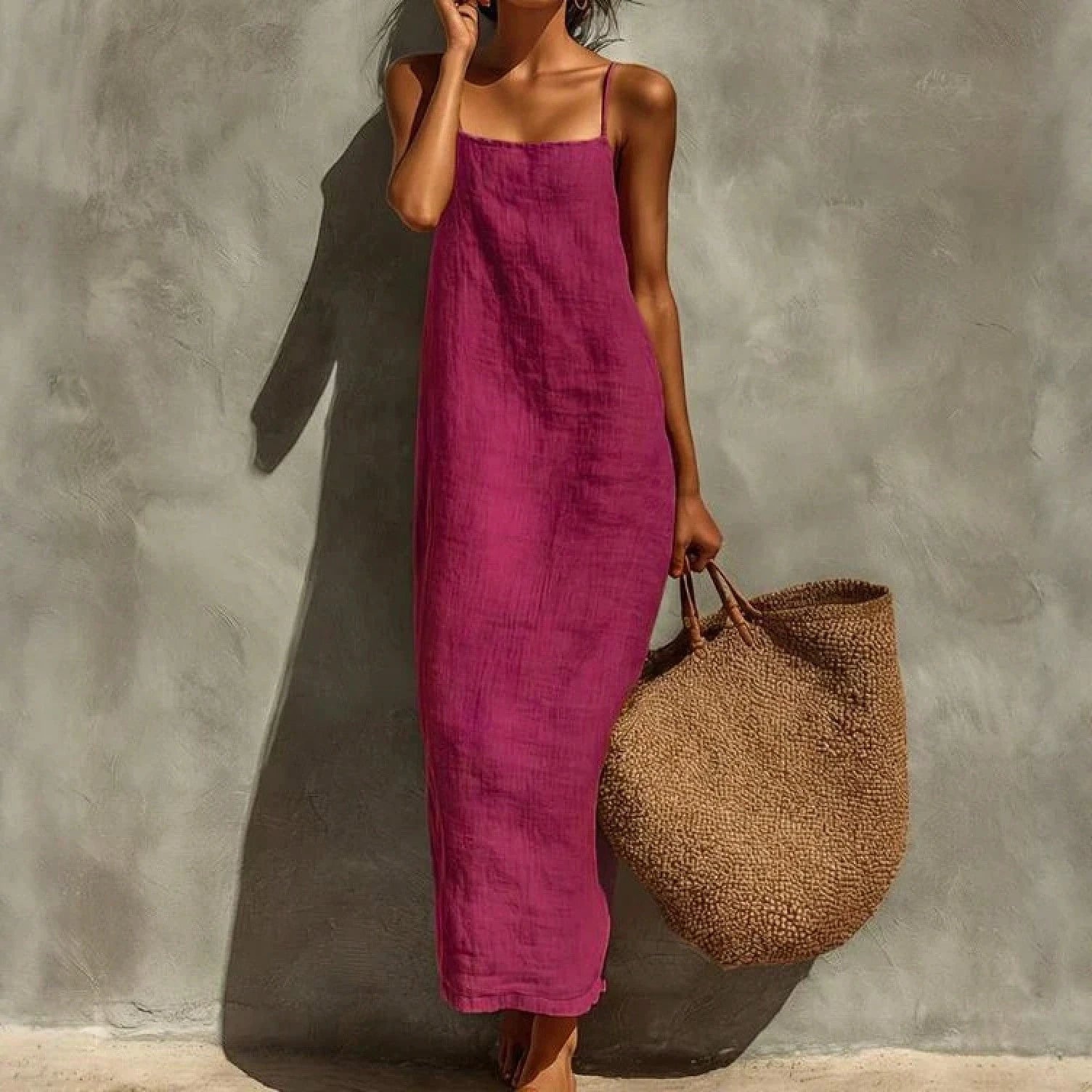 KZKZWK Women's Linen Blend Slip Maxi Dress, Square Neck Sleeveless Casual Dress For Beach & Vacation