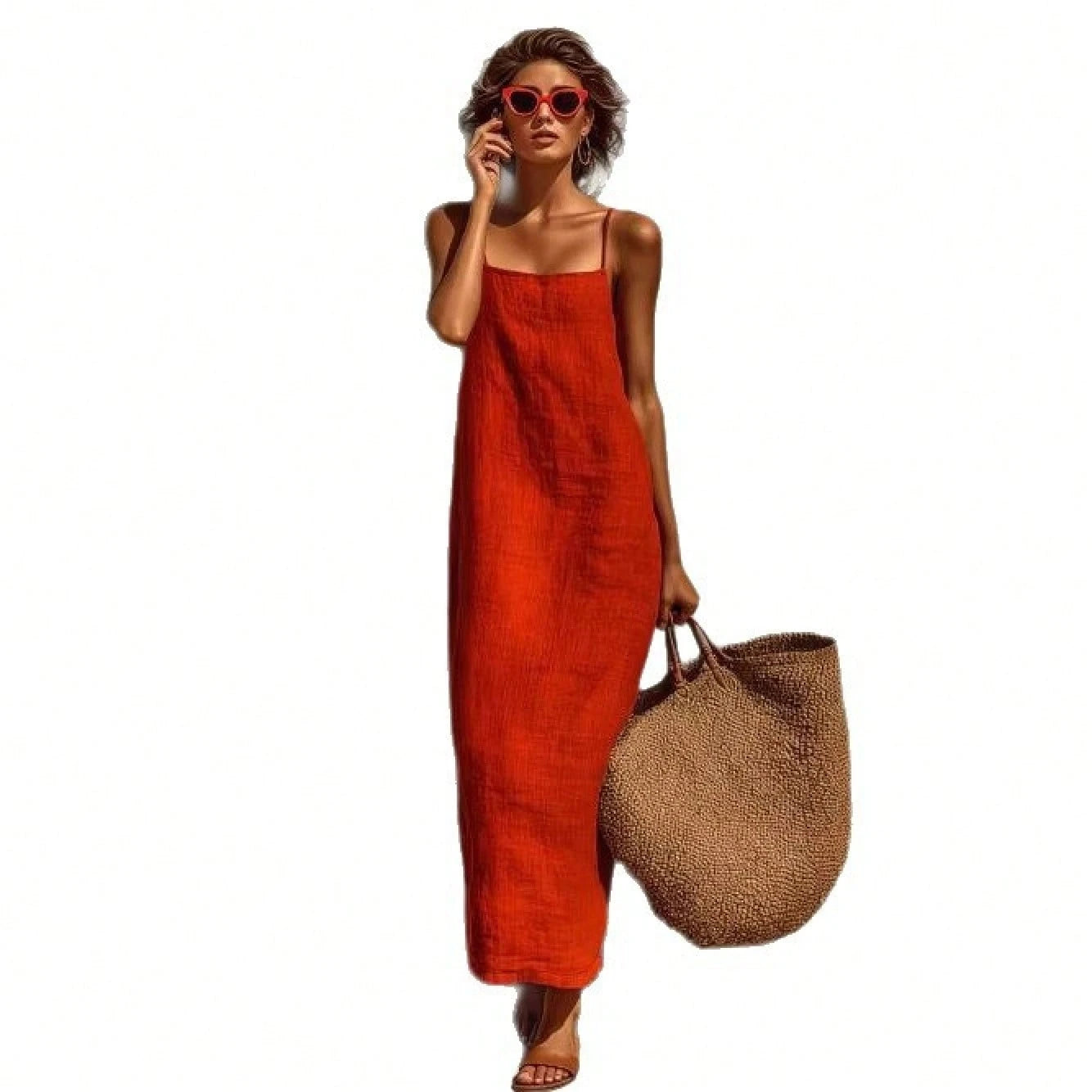 KZKZWK Women's Linen Blend Slip Maxi Dress, Square Neck Sleeveless Casual Dress For Beach & Vacation