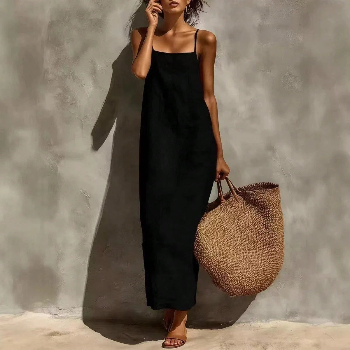 KZKZWK Women's Linen Blend Slip Maxi Dress, Square Neck Sleeveless Casual Dress For Beach & Vacation