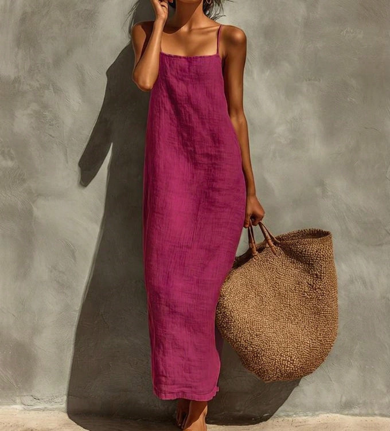KZKZWK Women's Linen Blend Slip Maxi Dress, Square Neck Sleeveless Casual Dress For Beach & Vacation