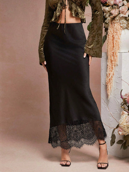 L'Amorae Solid Satin Luxury Lace Hem Black Detail Low Rise Elegant Midi Skirt
