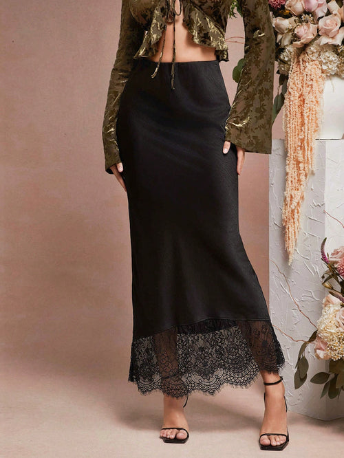 L'Amorae Solid Satin Luxury Lace Hem Black Detail Low Rise Elegant Midi Skirt