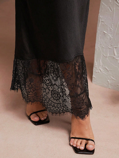 L'Amorae Solid Satin Luxury Lace Hem Black Detail Low Rise Elegant Midi Skirt
