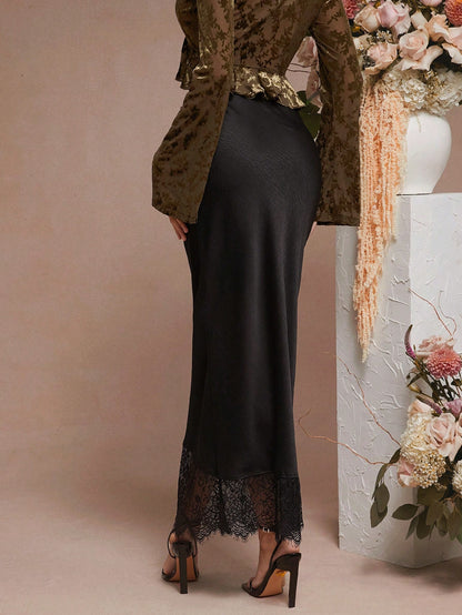 L'Amorae Solid Satin Luxury Lace Hem Black Detail Low Rise Elegant Midi Skirt