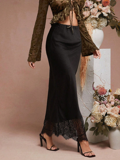 L'Amorae Solid Satin Luxury Lace Hem Black Detail Low Rise Elegant Midi Skirt