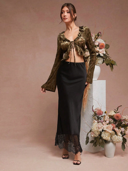 L'Amorae Solid Satin Luxury Lace Hem Black Detail Low Rise Elegant Midi Skirt