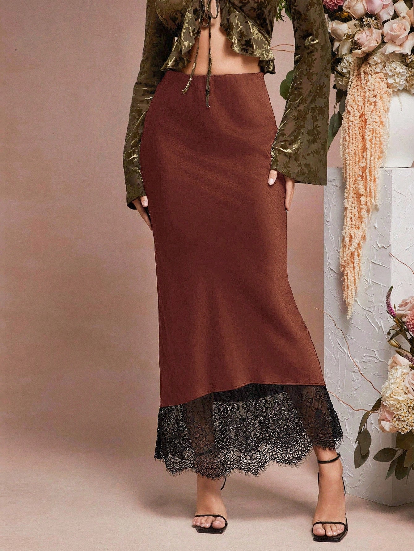 L'Amorae Solid Satin Luxury Lace Hem Black Detail Low Rise Elegant Midi Skirt