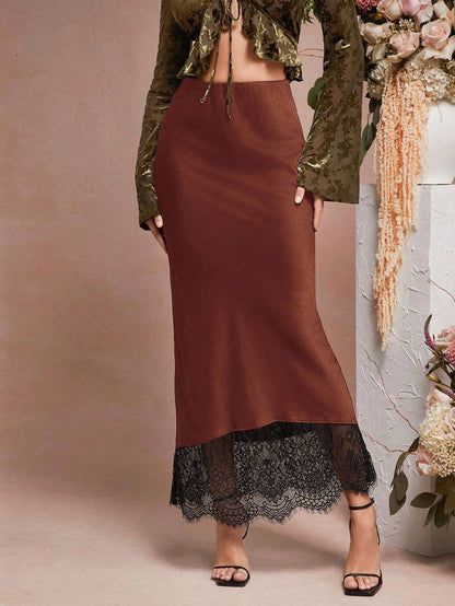 L'Amorae Solid Satin Luxury Lace Hem Black Detail Low Rise Elegant Midi Skirt