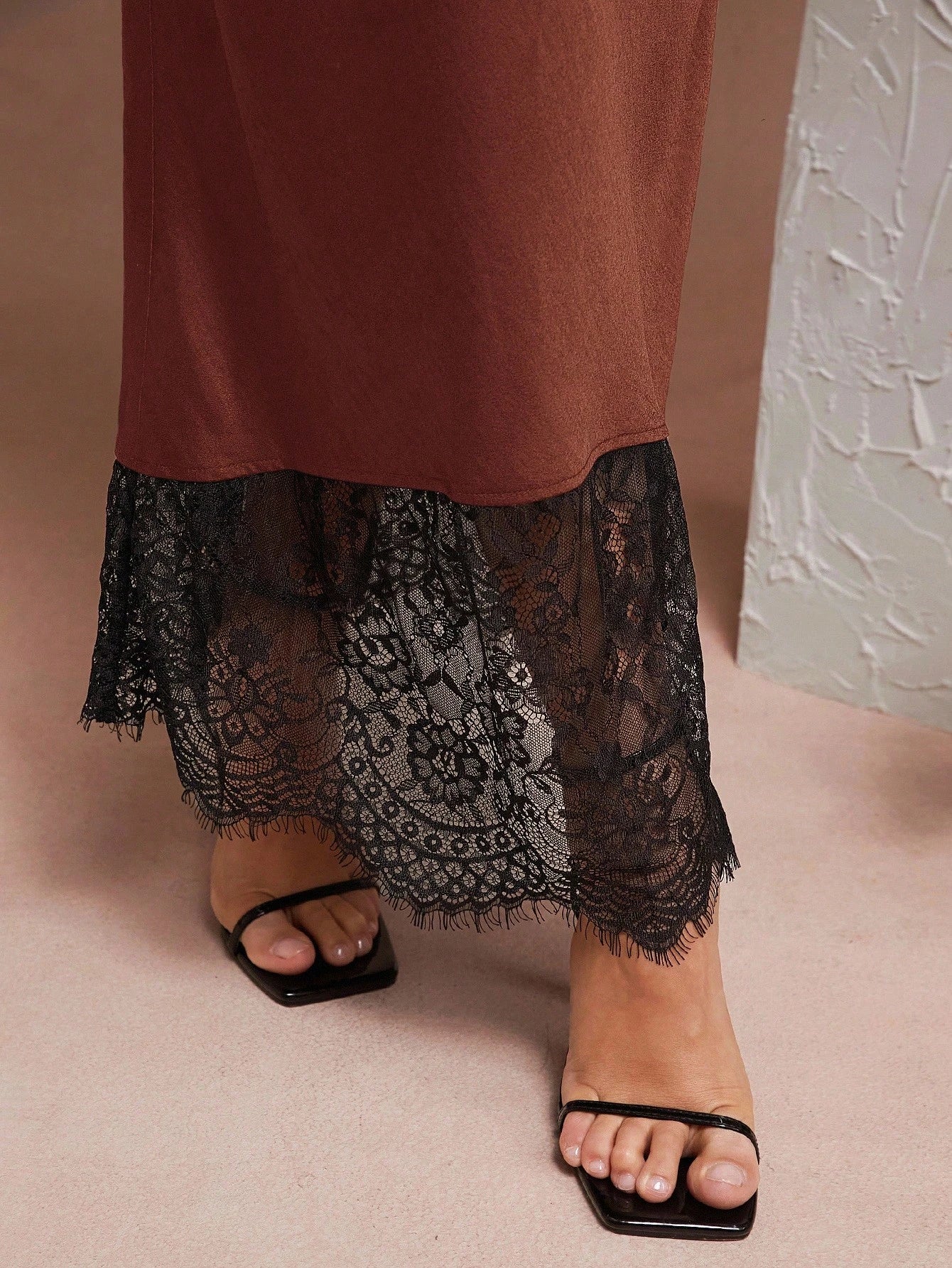 L'Amorae Solid Satin Luxury Lace Hem Black Detail Low Rise Elegant Midi Skirt